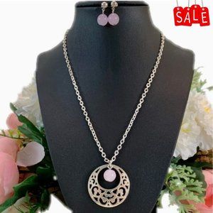 ROSE Quartz filigree pendant necklace and drop earring
